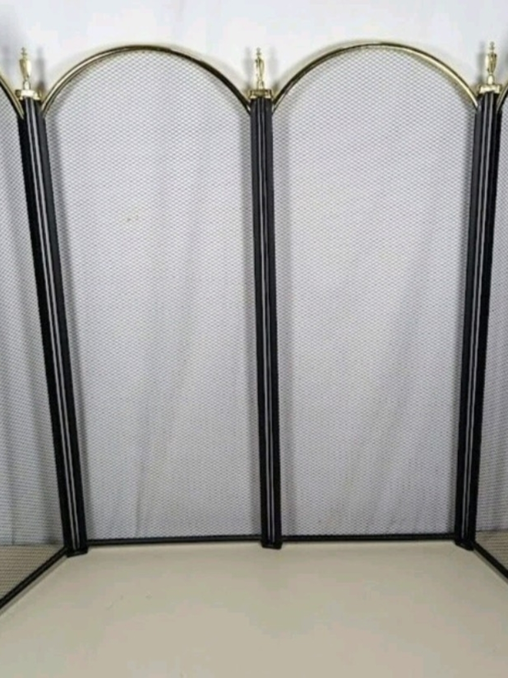 Vintage Black Folding Fireplace Screen Brass Accents Black Mesh